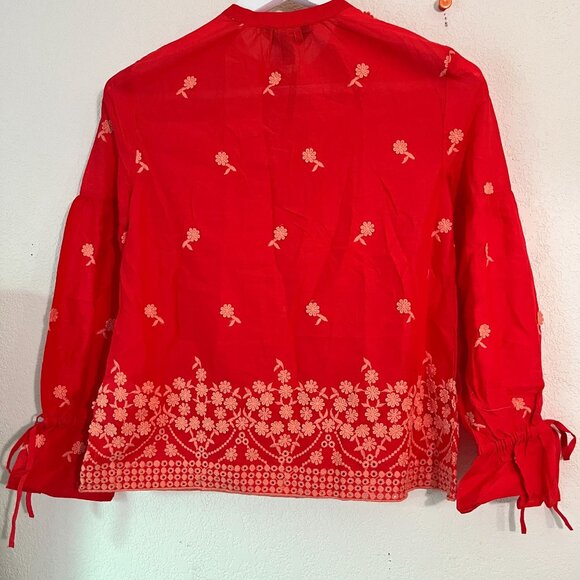 J.Crew Womens Floral Embroidered Popover Blouse Top PXXS Red Long Sleeve Boho - Picture 4 of 10